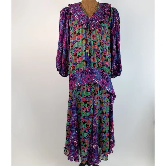 Diane Freis 2 Piece Skirt Set Womens OS Purple Floral Georgette Good Vintage - Picture 1 of 10